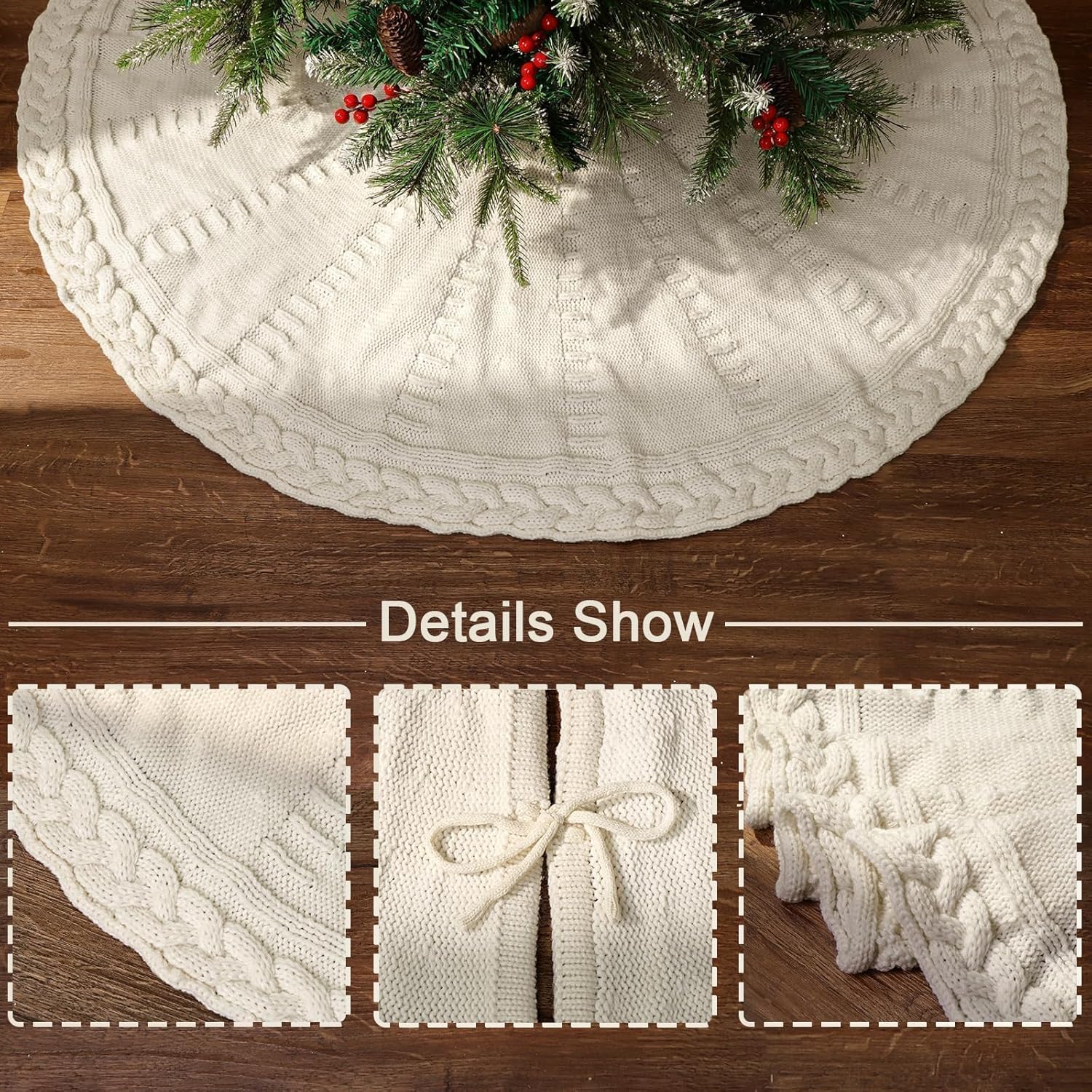 Bulk 48 Inch Knitted Christmas Tree Skirt Cream White Braided Cable Knit for Xmas Tree Holiday Party Home Decor Wholesale