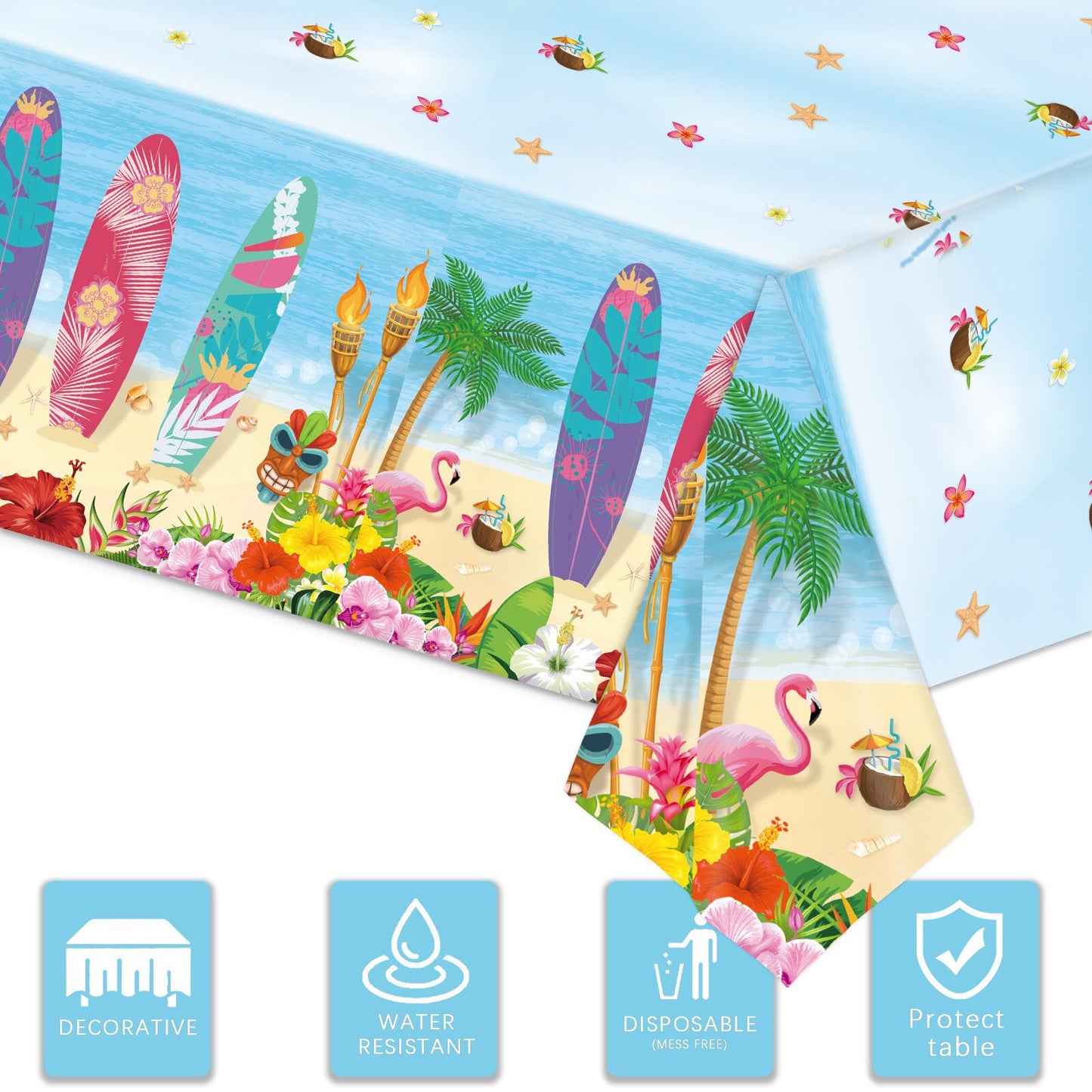 Bulk 2 Pcs Summer Beach Plastic Tablecloths Aloha Luau Hawaiian Flamingo Surfboard Design 54 x 108 Inch for Pool Beach Party Decorations Wholesale