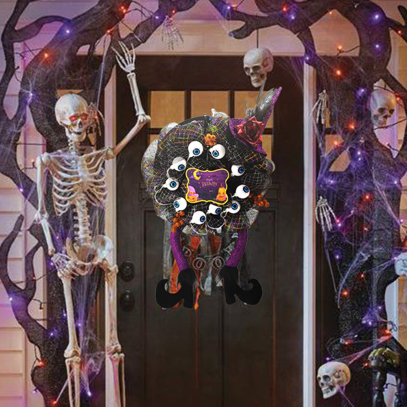 Halloween Witch Leg Wreath with Eyeball Decoration, 24 Inch Artificial Halloween Door Decor