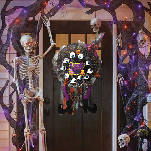 Halloween Witch Leg Wreath with Eyeball Decoration, 24 Inch Artificial Halloween Door Decor