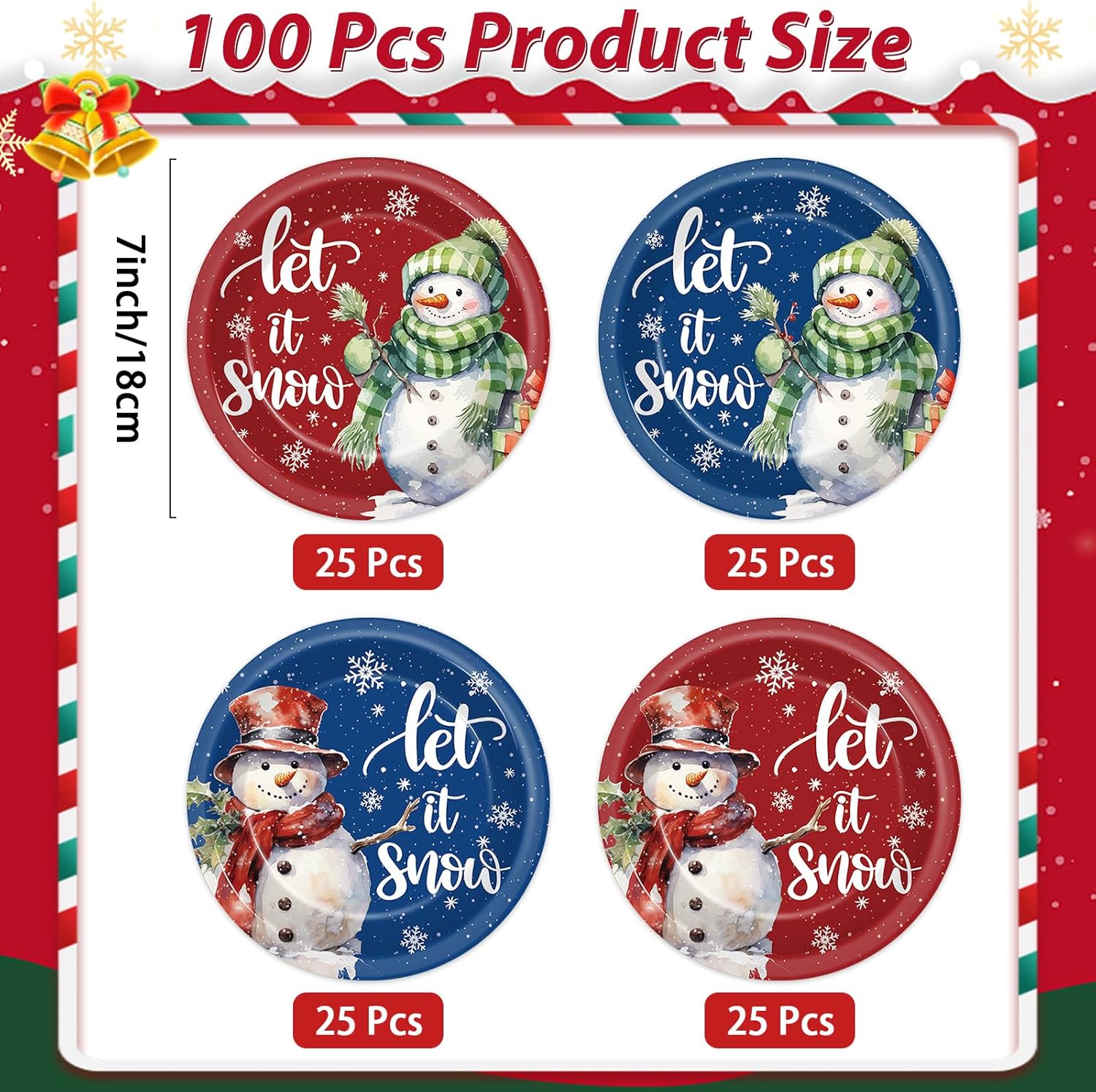 Bulk 100Pcs 7-Inch Let It Snow Christmas Paper Plates – Snowman Themed Red and Blue Party Tableware for Holiday Celebrations Wholesale