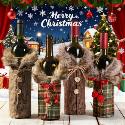Christmas Plaid Wine Bottle Cover with Faux Fur Collar - Cute Cartoon Holiday Wine Jacket