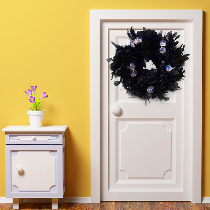 Halloween Black Feather Wreath with Eyeball Decoration 12 Inch Artificial