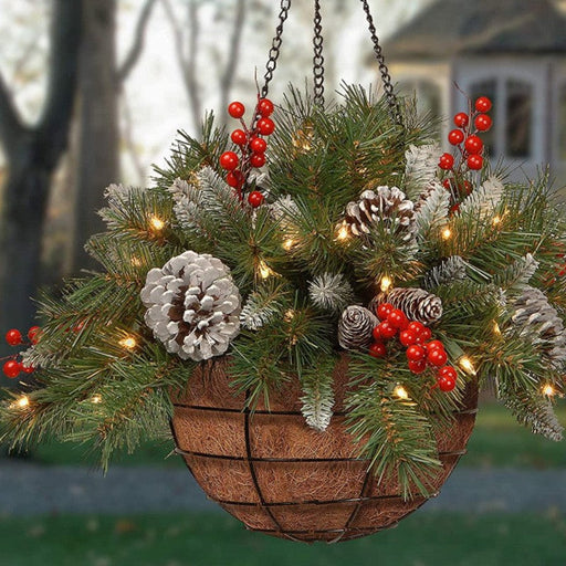 Artificial Christmas Hanging Basket with Frosted Berries, Bulk DIY Decoration, Artificial Material