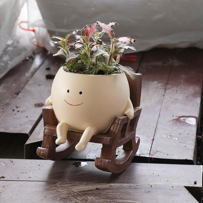 Bulk Smiley Face Planter Pot Cute Resin Flower Head Succulent Planters with Rocking Chair for Indoor Outdoor Home Garden Decor Wholesale