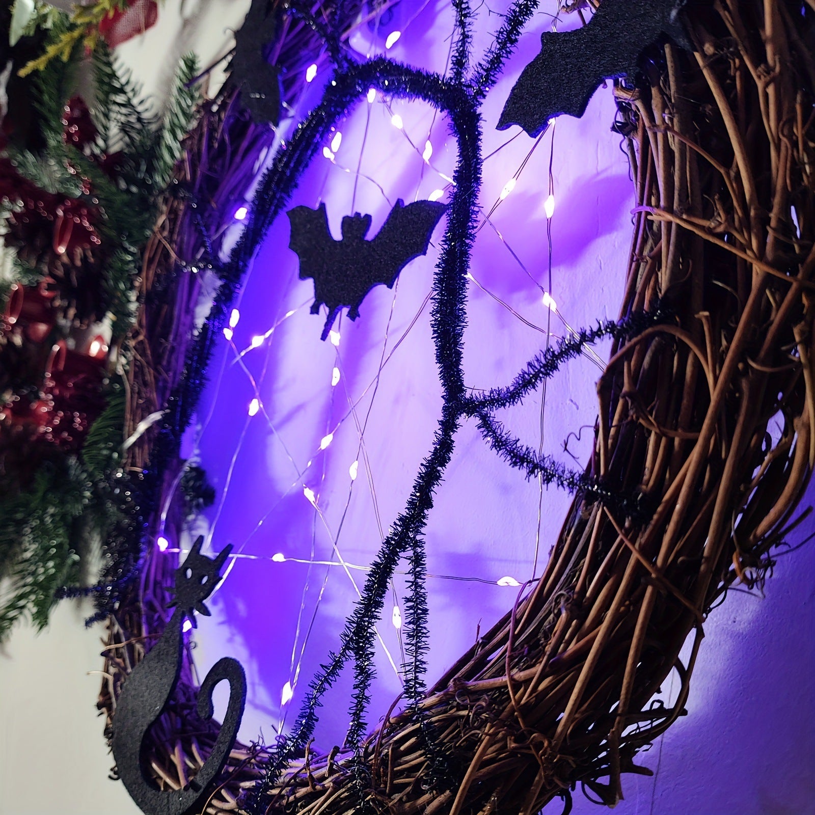 Bulk 2 Pcs LED Halloween Wreath - Spooky Black Bat and Cat Decorations for Home and Party Decor Wholesale