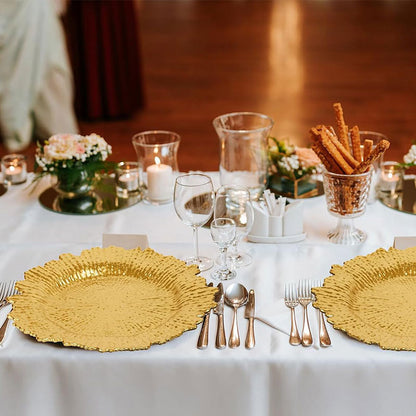 Premium 100 Pcs 13" Gold Charger Plates Set Metallic Ruffled Rim Wedding Party Holiday Decor with Elegant All-Weather Table Settings