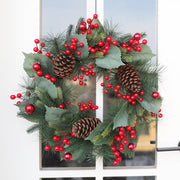 Artificial Christmas Pine Needle Wreath with Red Pine Cones, 20 Inch