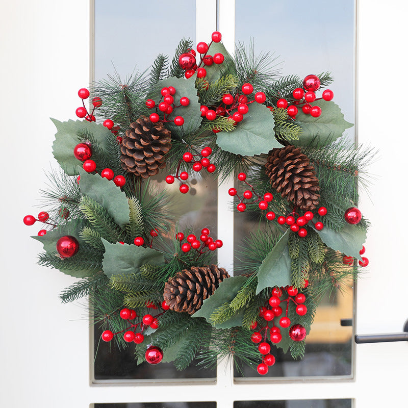 Artificial Christmas Pine Needle Wreath with Red Pine Cones, 20 Inch