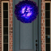 Halloween Witch Broom and Black Cat Light-Up Wreath 12 Inch Purple Artificial Flowers