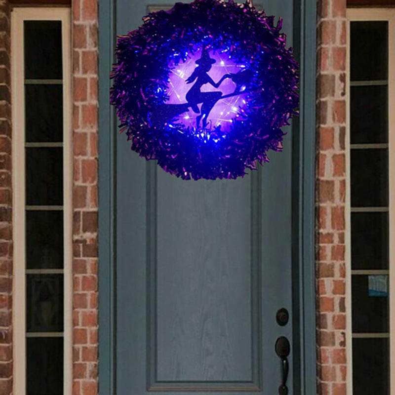 Halloween Witch Broom and Black Cat Light-Up Wreath 12 Inch Purple Artificial Flowers