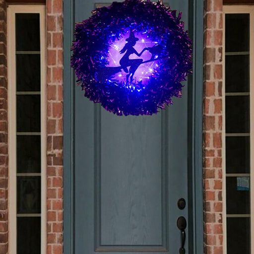 Halloween Witch Broom and Black Cat Light-Up Wreath 12 Inch Purple Artificial Flowers