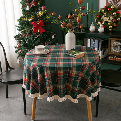 Bulk Plaid Yarn Dyed Fabric Round Tablecloth with Tassel Wholesale