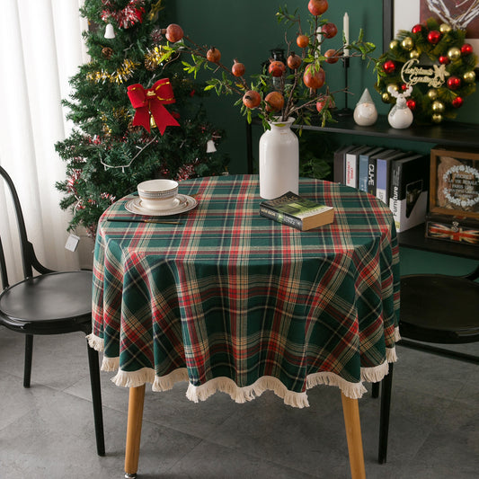 Bulk Plaid Yarn Dyed Fabric Round Tablecloth with Tassel Wholesale