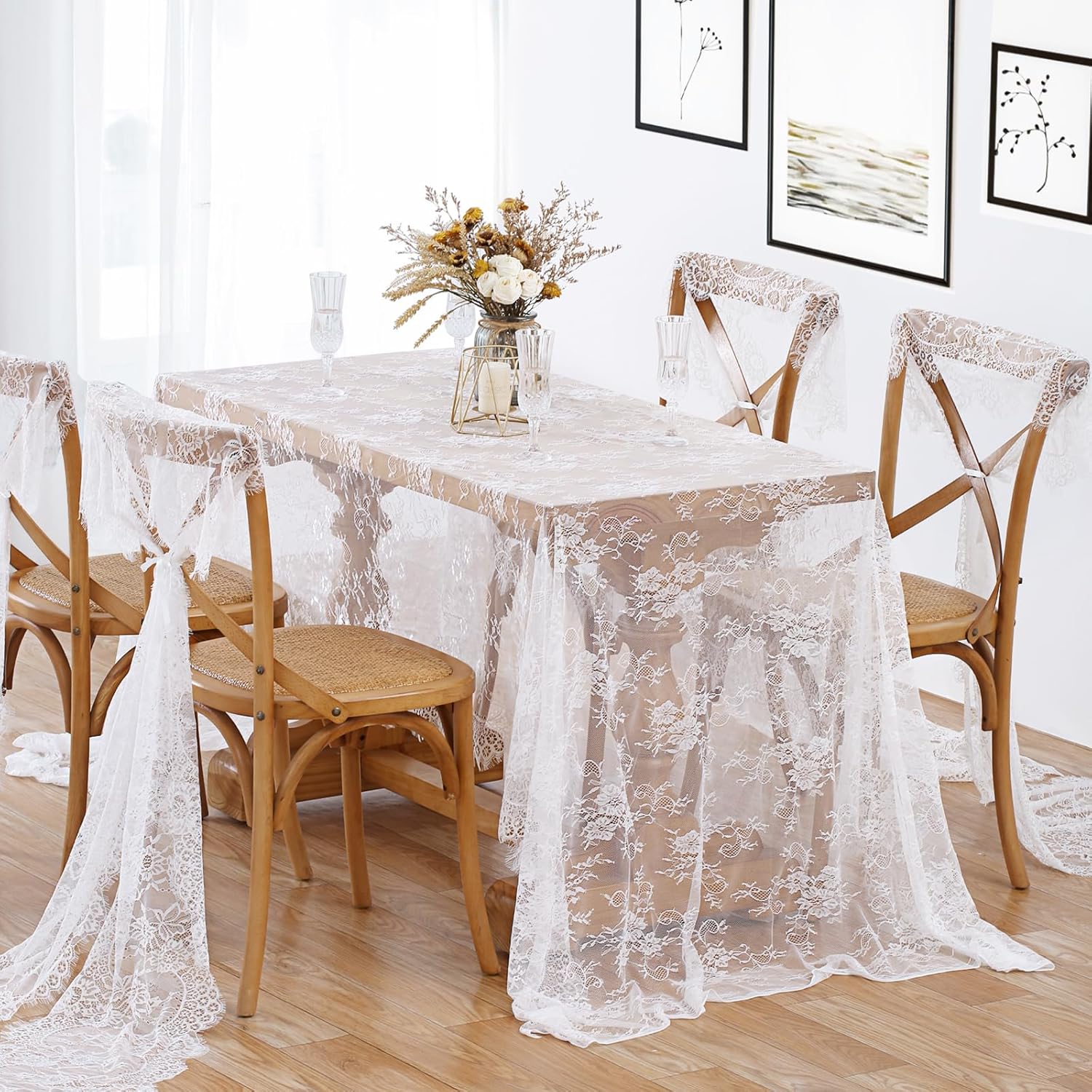 Bulk White Lace Tablecloth 59 x 118 Inch Rectangular Vintage Embroidered Wedding Tablecloth for Outdoor Party Reception & Home Decor Wholesale