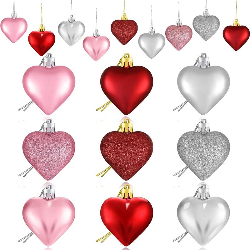 Bulk 36Pcs Valentine's Day Heart Shaped Ornaments Red Pink Silver Glitter Hanging Decorations Wholesale