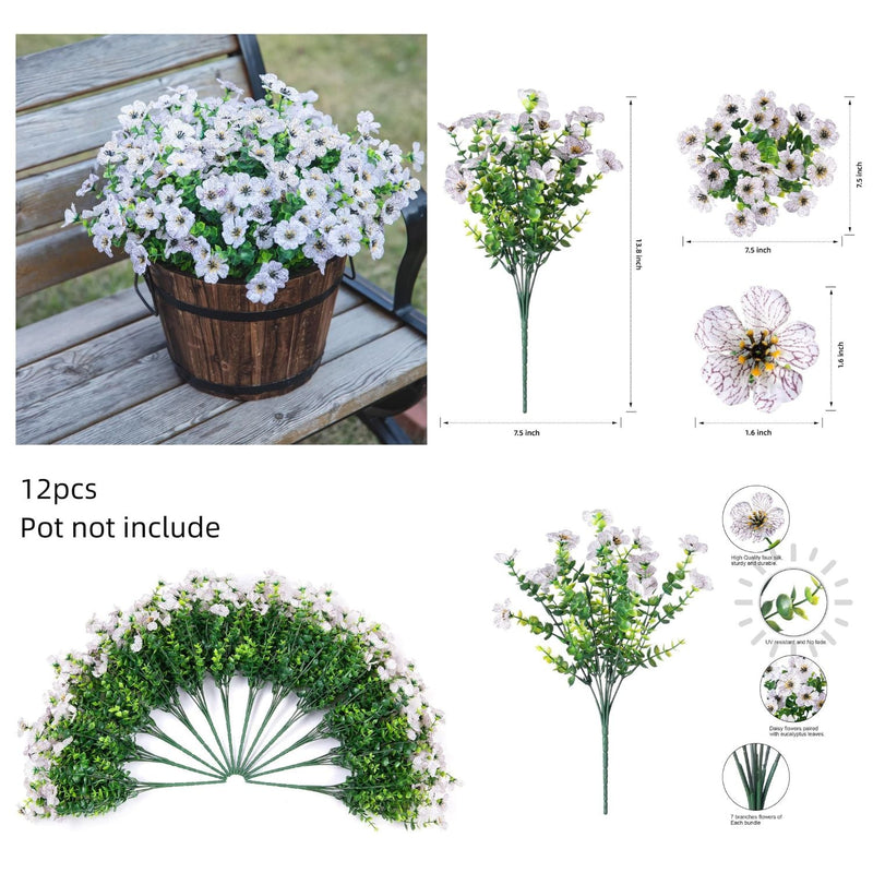 12 Bundles Artificial Daisy Flowers with Eucalyptus Leaves, 12 Inch, Realistic Silk Stems for Indoor Outdoor Decor