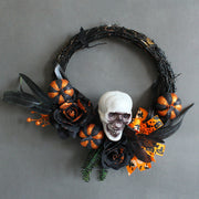 Halloween Feather Skull Pumpkin Wreath 16 Inch Artificial Decorative Bulk Wholesale