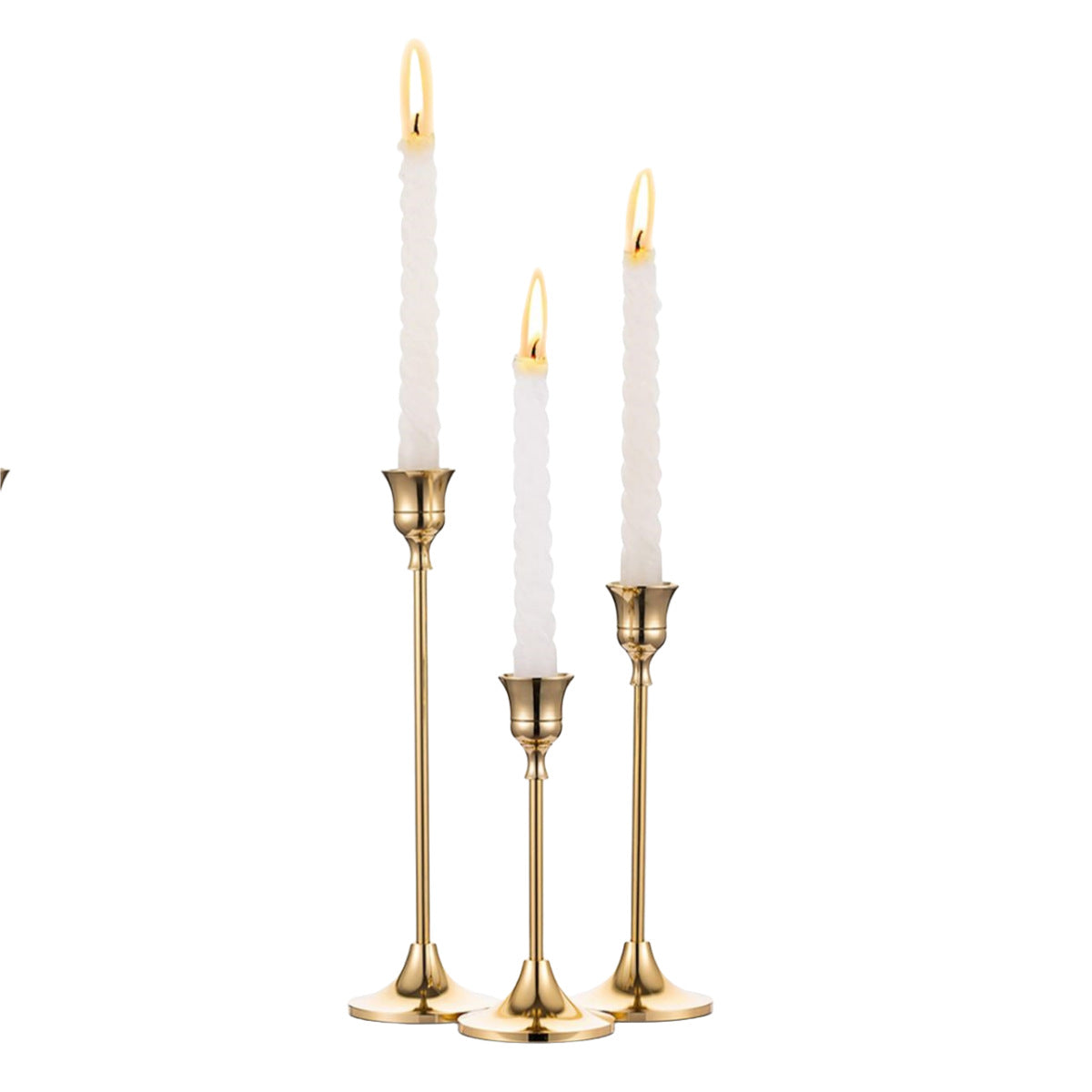 Bulk Set of 3 Brass Gold Candlestick Holders Taper Candle Holders for Table Mantel Wedding & Housewarming Gift Wholesale