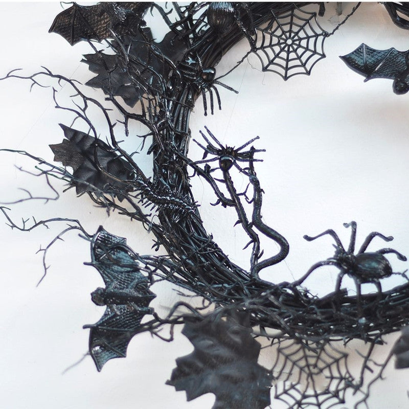 Halloween Grapevine Wreath 18 Inch Black Artificial Spider and Bat Decorations Bulk