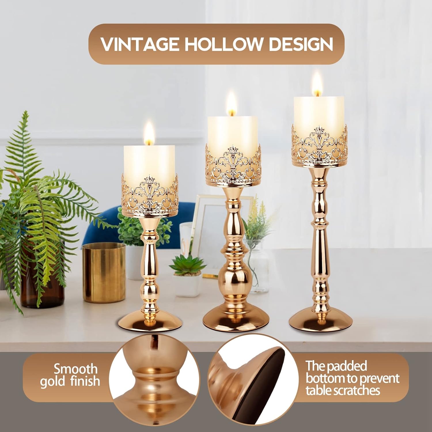 Bulk Set of 3 Gold Candle Holders for Pillar Candles Table Centerpieces Candle Stand Decor Wholesale