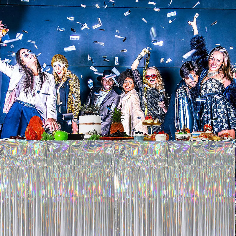 Bulk 2 Pcs Metallic Foil Rainbow Table Skirt 108.3*29.5 inches Perfect for Themed Parties Holidays and Everyday Decor Wholesale