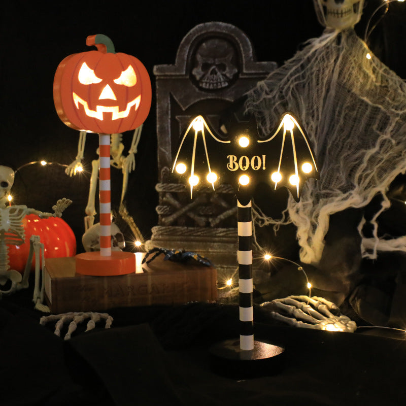 Bulk 2Pcs Halloween LED Pumpkin Ghost Skull Wooden Decorations – Spooky Light-Up Party Decor Wholesale