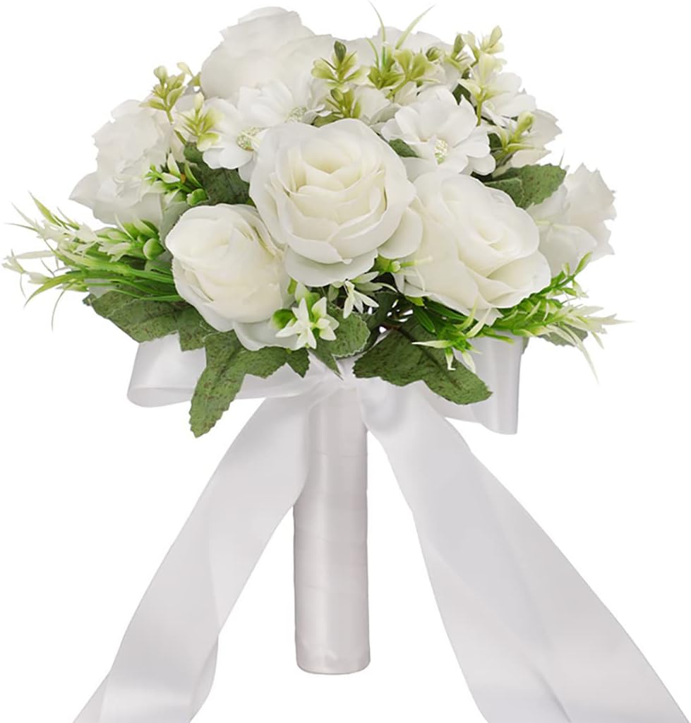 Bulk 9" White and Champagne Artificial Rose Wedding Bouquet for Bride & Bridesmaids Valentine's Day Church Home Decoration Wholesale