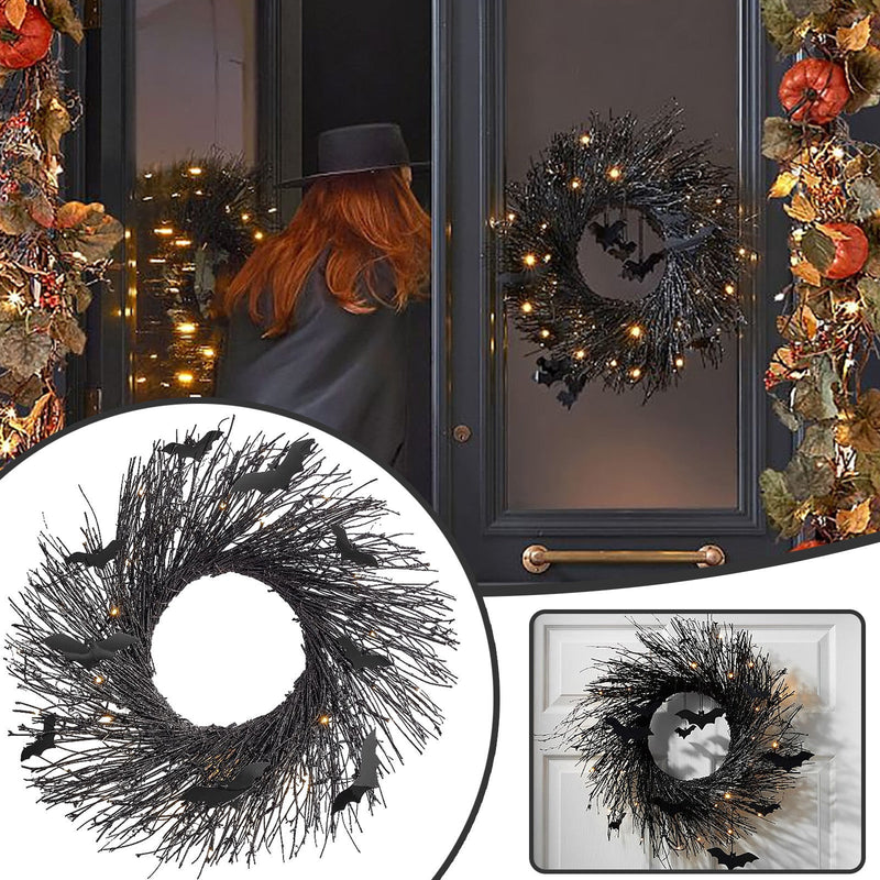 Halloween Bat Wreath with LED Lights, 20 Inch Artificial Decorative Wreath