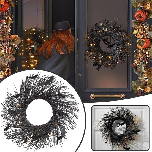 Halloween Bat Wreath with LED Lights, 20 Inch Artificial Decorative Wreath
