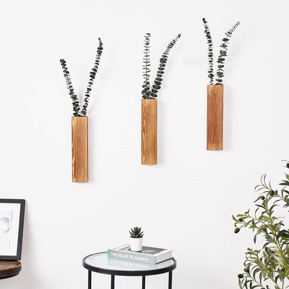 4-Piece Wooden Hanging Wall Vase Set – Home Decor Planters with 10 Eucalyptus Stems for Dry Flowers & Greenery