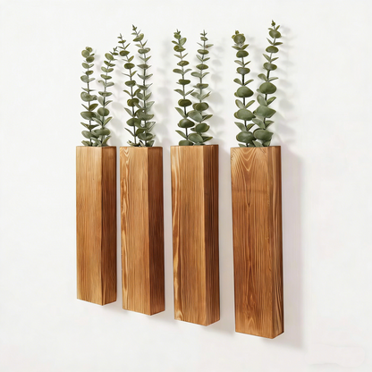 4-Piece Wooden Hanging Wall Vase Set – Home Decor Planters with 10 Eucalyptus Stems for Dry Flowers & Greenery