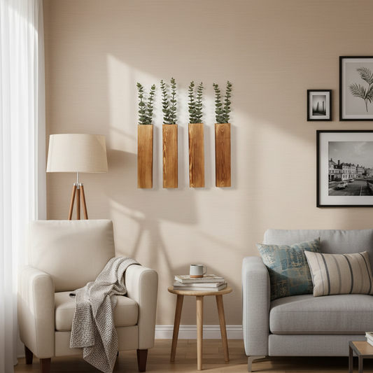 4-Piece Wooden Hanging Wall Vase Set – Home Decor Planters with 10 Eucalyptus Stems for Dry Flowers & Greenery