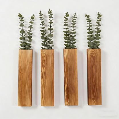 4-Piece Wooden Hanging Wall Vase Set – Home Decor Planters with 10 Eucalyptus Stems for Dry Flowers & Greenery