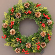 Christmas LED Pine Cone Wreath with Red Cones, 12/16/20 Inch, Artificial Decorative Holiday Lighted Wreath