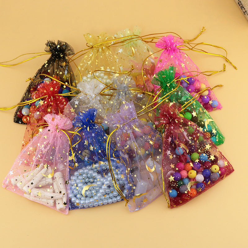Bulk 100 Pcs Moon Star Organza Drawstring Gift Bags Jewelry Candy Favor Pouches for Weddings Valentine's Christmas Birthday Mother's Day Wholesale