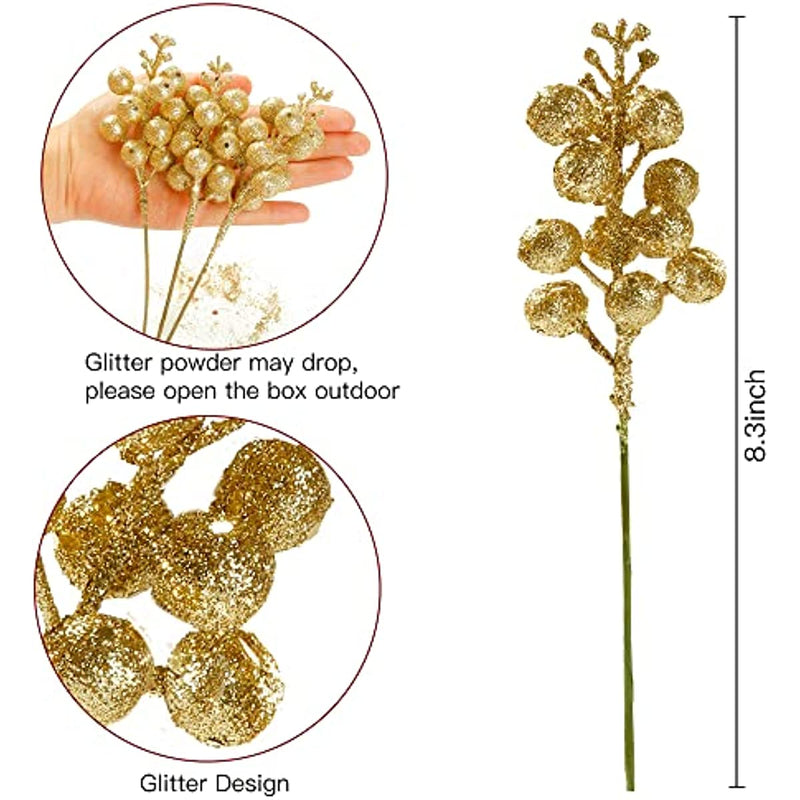 30 Pcs Christmas Glitter Berry Stems Artificial Holiday Decoration Ornaments