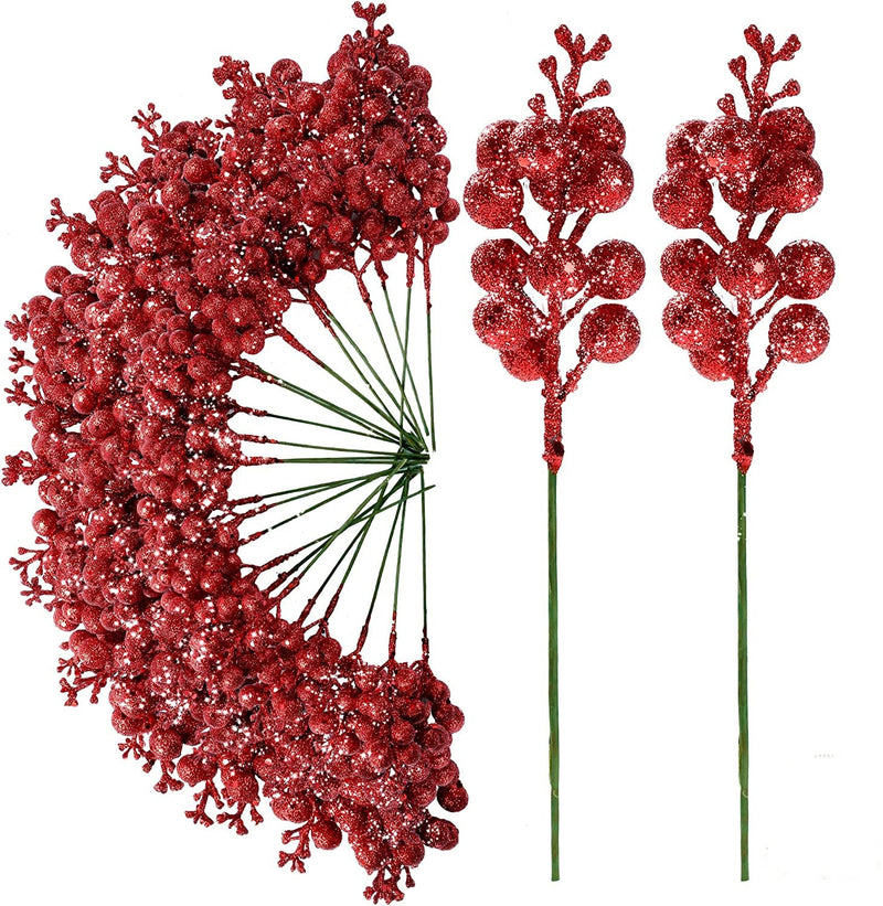 30 Pcs Christmas Glitter Berry Stems Artificial Holiday Decoration Ornaments