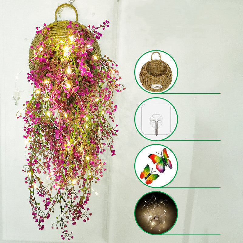 Artificial Hanging Flower Plants with LED Lights, Butterfly Decor, 1 Basket for Home Garden Wedding Porch Wall Garland