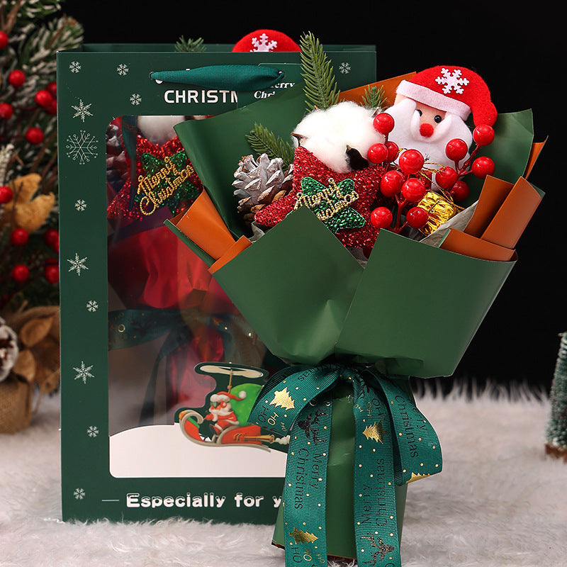 11 Inch Artificial Christmas Flower Bouquet with Glitter Star, Red Berries, and Santa Doll – Bulk Wholesale Gift Set