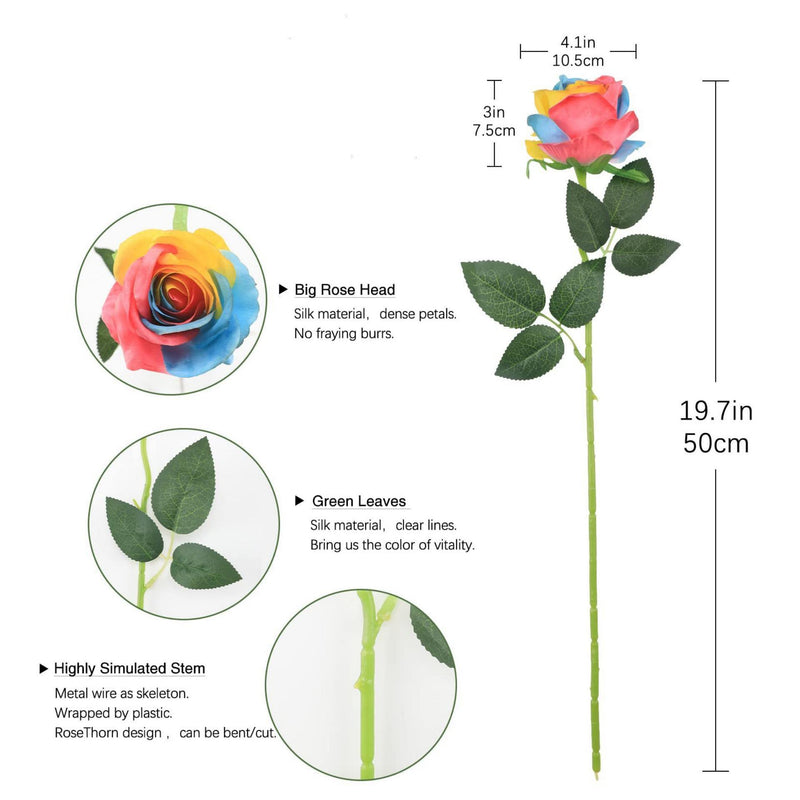 19 Inch Rainbow Rose Stem Artificial Flower 10 Pcs Colorful Silk Roses for Arrangements Centerpieces