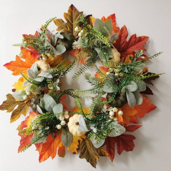 Bulk 14" and 18" Fall Halloween Thanksgiving Christmas Wreaths with Frosted Leaves and Pumpkins for Door Decorations Wholesale