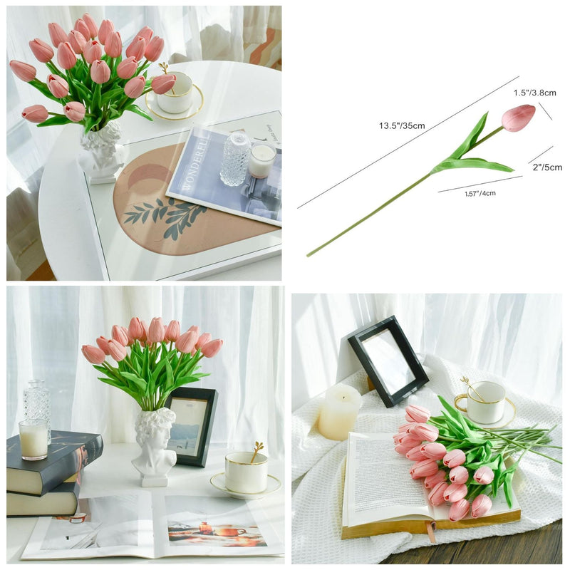 20 Stems Artificial Tulip Flowers 3.5 Inch PU Silk Realistic Lifelike Home Wedding Decor