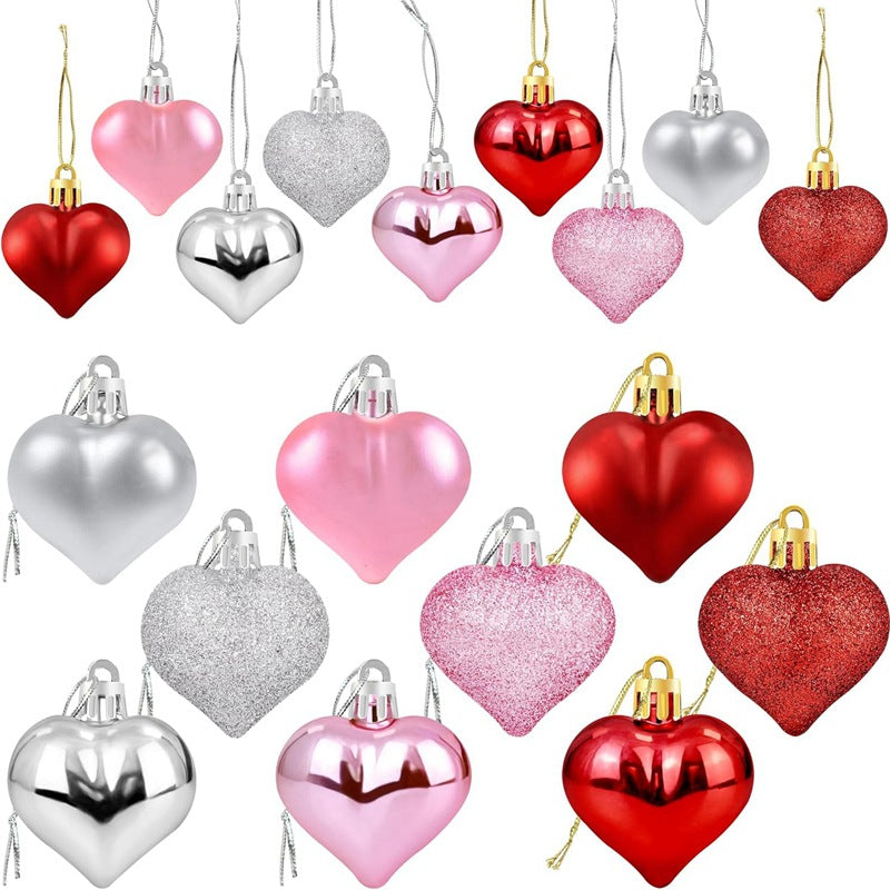 Bulk 36Pcs Valentine's Day Heart Shaped Ornaments Red Pink Silver Glitter Hanging Decorations Wholesale