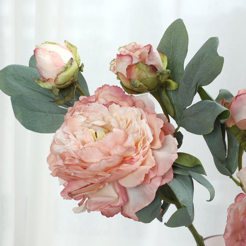 3 Heads Peony Stems Spray, 3 Pcs Burnt Edge Artificial Silk Flowers
