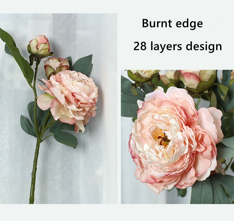3 Heads Peony Stems Spray, 3 Pcs Burnt Edge Artificial Silk Flowers