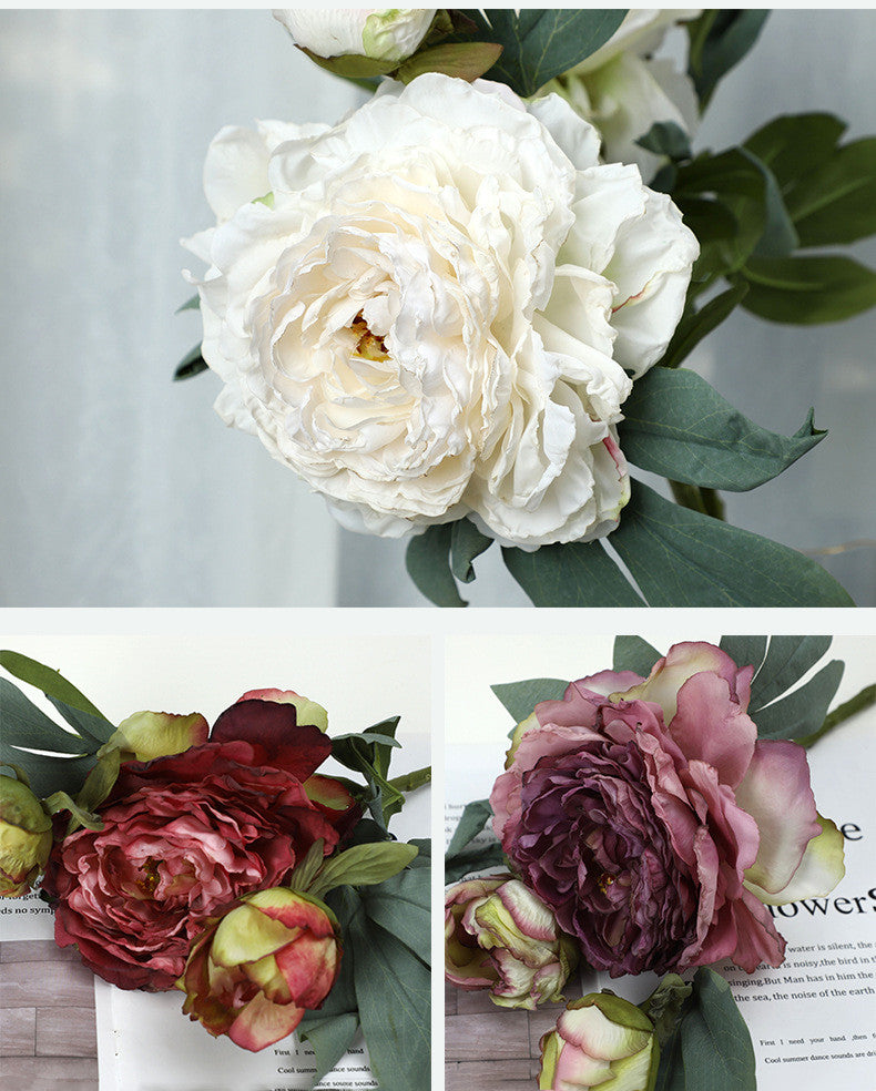 3 Heads Peony Stems Spray, 3 Pcs Burnt Edge Artificial Silk Flowers