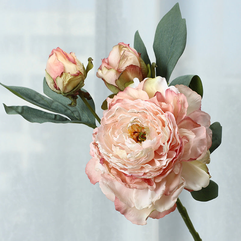 3 Heads Peony Stems Spray, 3 Pcs Burnt Edge Artificial Silk Flowers