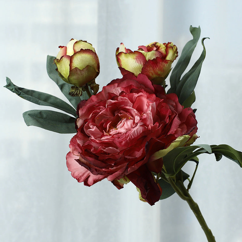 3 Heads Peony Stems Spray, 3 Pcs Burnt Edge Artificial Silk Flowers