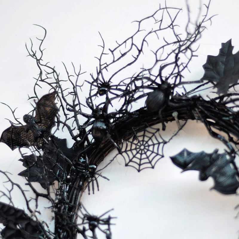 Halloween Grapevine Wreath 18 Inch Black Artificial Spider and Bat Decorations Bulk